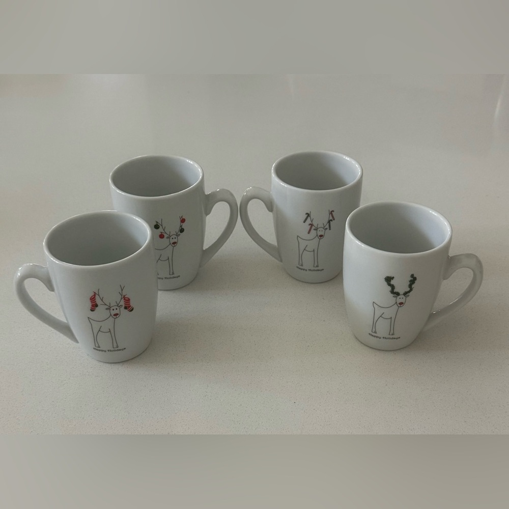 Vtg BIA Rudy The‎ Reindeer Happy Holidays Coffee Mugs Double Sided Set Of 4